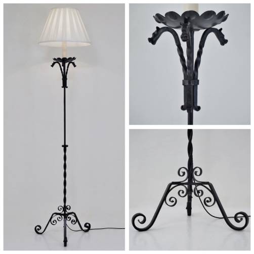 Edouard Schenck floor lamp, hand forged wrought iron with dragons, 1930`s ca, French